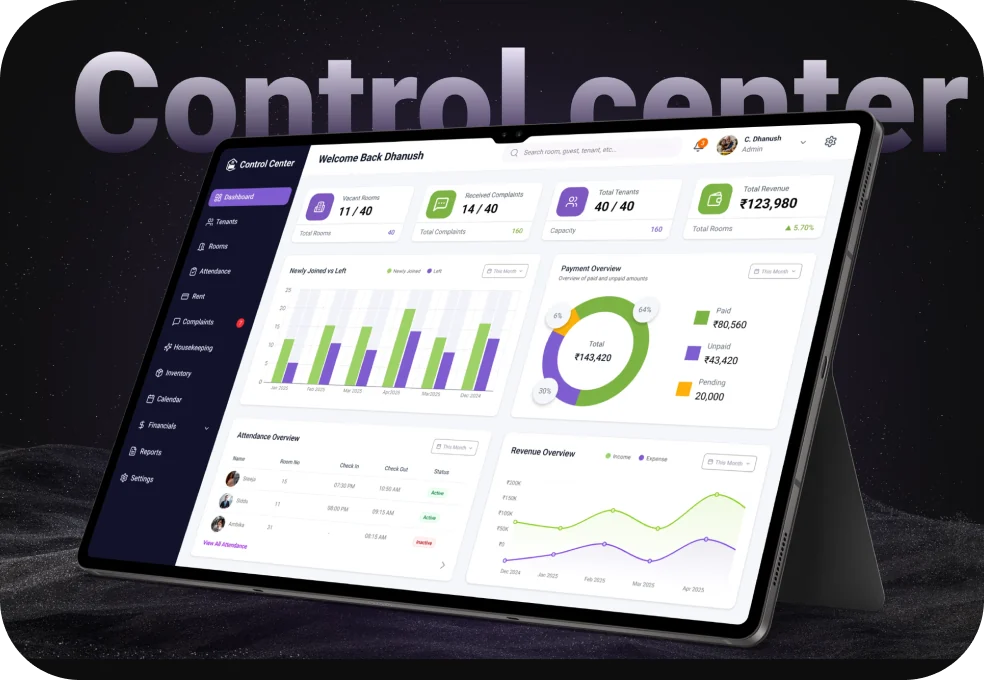Control Center – hostel management dashboard designed by an Aspira student