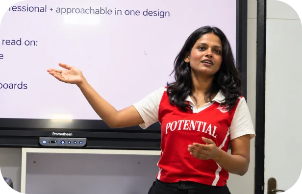 Student presenting a product design case study at Aspira, Chennai